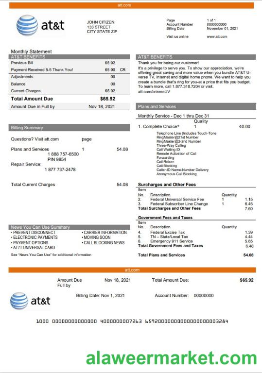 USA Texas AT&T telecommunications utility bill template in Word and PDF format